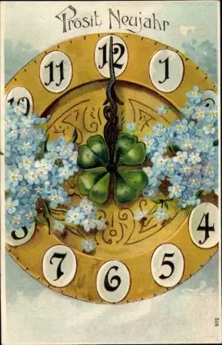 Litho Neujahr, Uhr, Mitternacht, Kleeblatt