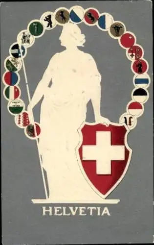 Präge Wappen Ak Helvetia, Schweiz, Nationalallegorie, Kantonswappen