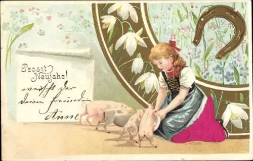 Präge Litho Neujahr, Mädchen, Hufeisen, Schweinchen