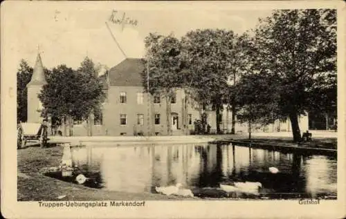 Ak Markendorf Jüterbog im Kreis Teltow Fläming, Truppenübungsplatz, Gutshof, Teich, Enten