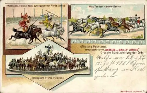 Litho Zirkus, Barnum and Bailey Ltd, Tandem Hürden Rennen, römische Reiter, Pferdepyramide