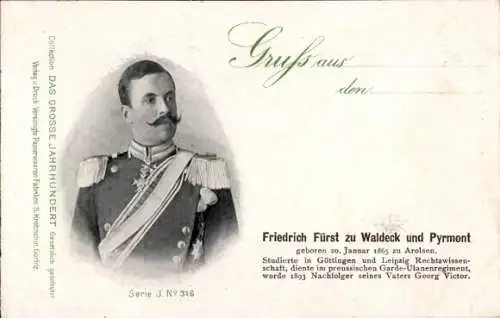 Ak Fürst Friedrich zu Waldeck und Pyrmont, Portrait, Das große Jahrhundert