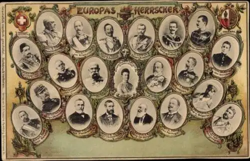 Ak Europas Herrscher, Portraits, Wilhelm II, Vittorio Em. III, Nikolaus II, Wilhelmina, Franz Joseph