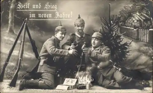 Ak Glückwunsch Neujahr, Deutsche Soldaten in Uniformen, Lagerfeuer, Gewehr