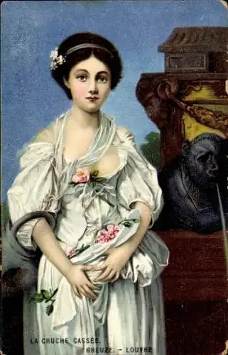 Ak La Cruche Cassee, Frau in weißem Kleid, Portrait