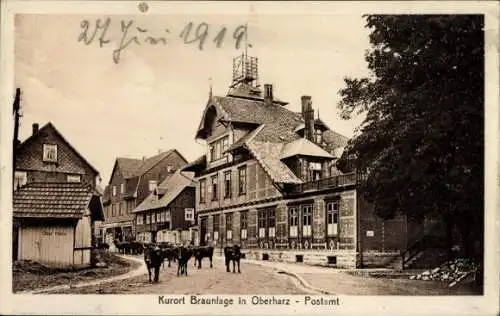 Ak Braunlage im Oberharz, Postamt, Kuhherde