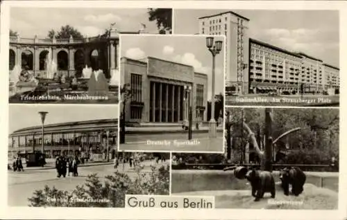 Ak Berlin, Deutsche Sporthalle, Bahnhof Friedrichstraße, Friedrichshain, Märchenbrunnen