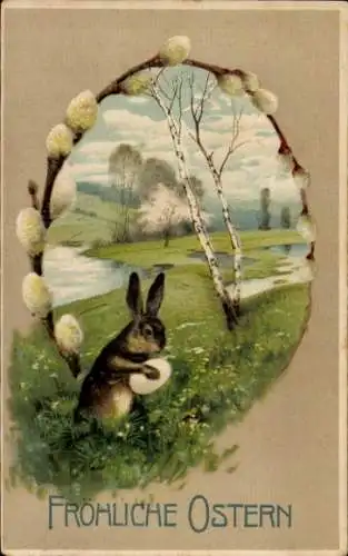 Präge Ak Glückwunsch Ostern, Osterhase, Osterei, Weidenkätzchen