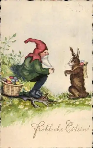 Ak Glückwunsch Ostern, Osterhase, Zwerg, Ostereier