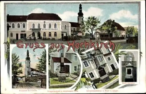 Ak Hochkirch in der Oberlausitz, Burkhardts Gasthof, Blutgasse mit Kirche, Denkmäler, Teilansichten