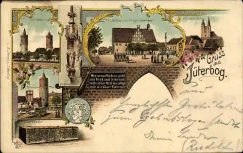 Litho Jüterbog in Brandenburg, Stadttürme, Zinnauer Tor, Tenzelkasten, Rathaus, Nicolaiturm