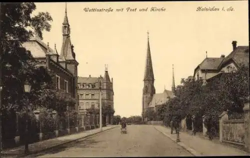 Ak Hainichen in Sachsen, Wettinstraße mit Post und Kirche