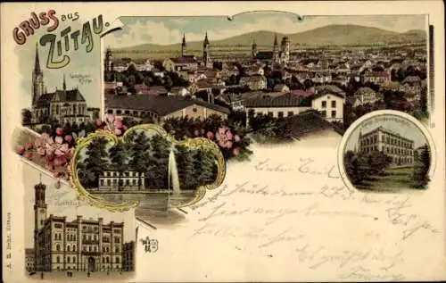 Litho Zittau in Sachsen, Totale, Rathaus, Kirche, Schule