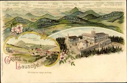 Litho Großschönau im Kreis Görlitz, Lausche von Waltersdorf gesehen, Grünberg, Dürreberg, Haida