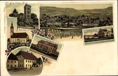 Litho Neukirch Lausitz, König Johann Turm, Kirche, Rittergut, Schule Oberneukirch, Niederneukirch