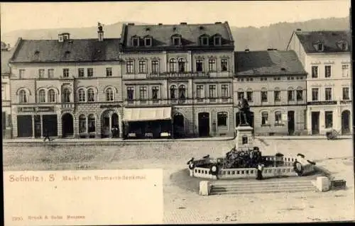 Ak Sebnitz Sächsische Schweiz, Markt mit Bismarckdenkmal