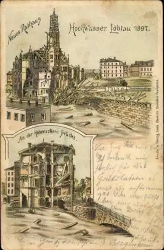 Litho Dresden Löbtau, Hochwasser 1897, Rathaus, Hohenzollern Brücke