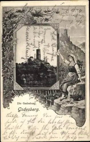 Ak Bad Godesberg Bonn am Rhein, Godesburg, Tracht, Weinreben