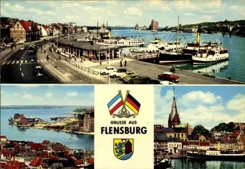 Ak Flensburg in Schleswig Holstein, Panorama, Hafen, Schiffe, Kirche