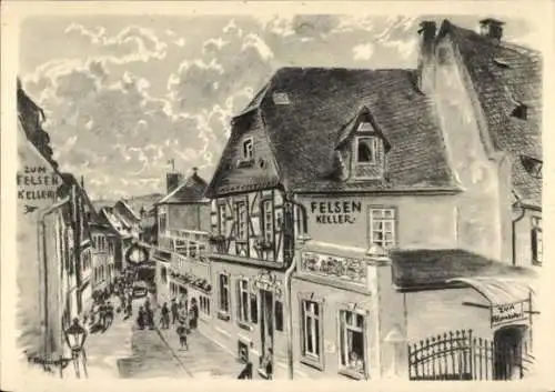 Künstler Ak Rüdesheim am Rhein Hessen, Gasthaus zum Felsenkeller, Inh. Gebr. Rölz