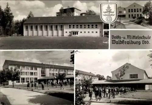 Ak Waldkraiburg in Oberbayern, Volks- und Mittelschule, Turnhalle, Haus Sudetenland