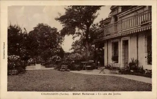 Ak Chahaignes Sarthe, Hotel Bellevue, Un coin des Jardins