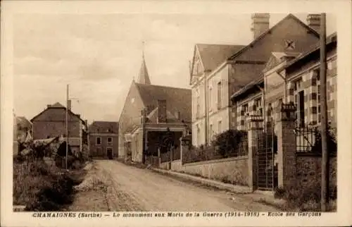 Ak Chahaignes Sarthe, Monument aux Morts de la Guerre, Ecole des Garcons