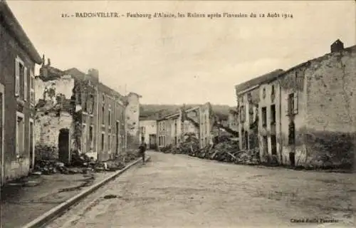 Ak Badonviller Badenweiler Meurthe et Moselle, Faubourg d'Alsace, les Ruines apres l'invasion 1914