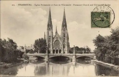 Ak Strasbourg Straßburg Elsass Bas Rhin, Eglise Protestant et Pont de l'Universite