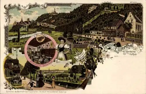 Litho Herdecke an der Ruhr, Zillertal, Gastwirtschaft, Garten, Harkort-Denkmal