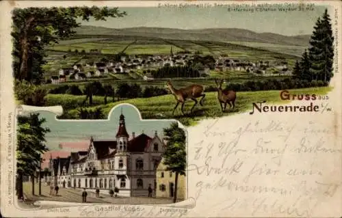 Litho Neuenrade im Sauerland, Gesamtansicht, Rehe, Gasthof Voss