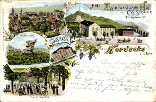 Litho Herdecke an der Ruhr, Gesamtansicht, Hotel Zweibrücker Hof, Teufelskanzel