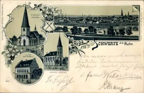 Litho Schwerte an der Ruhr, Gesamtansicht, Altes Rathaus, ev. Kirche, kath. Kirche