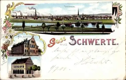 Litho Schwerte im Ruhrgebiet, Gesamtansicht, Amtsgericht, Rathaus