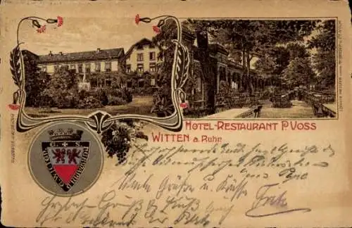 Ak Witten an der Ruhr, Hotel Restaurant P. Voss, Garten, Wappen