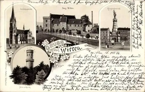 Litho Witten an der Ruhr, Gedächtniskirche, Haus Witten, Kriegerdenkmal, Helenenturm