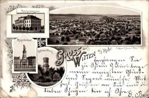 Vorläufer Litho Witten an der Ruhr, Gesamtansicht, Realgymnasium, Kriegerdenkmal, Helenenturm