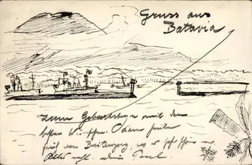 Ganzsachen Ak Handgemalt, Batavia Jakarta Java Indonesien, Hafen