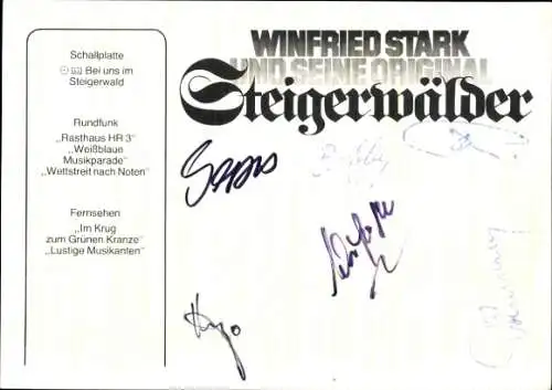 Ak Schauspieler und Sänger Winfried Stark und seine Original Steigerwälder, Portrait, Autogramm