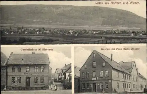 Ak Boffzen an der Oberweser, Panorama, Geschäftshaus M. Kleeberg, Gasthof zur Post