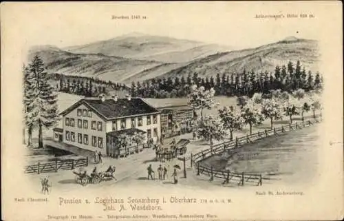 Litho Sonnenberg Braunlage im Oberharz, Pension und Logierhaus Sonnenberg, Achtermannshöhe, Brocken