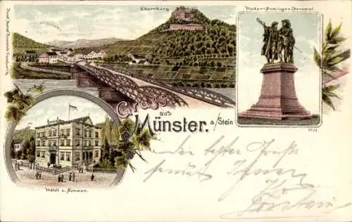 Litho Bad Münster am Stein Ebernburg, Hotel zum Schwan, Hutten-Sickingen-Denkmal