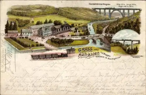 Litho Müngsten Wuppertal in Nordrhein Westfalen, Gasthaus von W. Baumgärtner, Eisenbahnbrücke