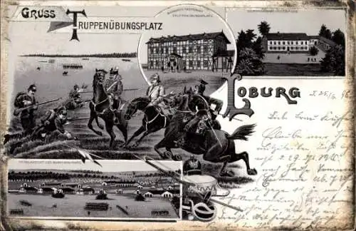 Litho Loburg Möckern in Sachsen Anhalt, Truppenübungsplatz, Kommandanturgebäude, Husar, Ulane