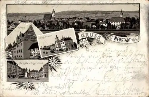 Litho Neustadt an der Orla Thüringen, Marktplatz, Kriegerdenkmal, Rathaus, Bahnhofstraße