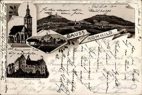 Litho Römhild in der Region Grabfeld Thüringen, Stadtkirche, Molkerei, Waisenhaus