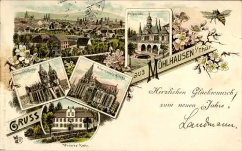 Litho Mühlhausen im Thüringer Unstrut Hainich Kreis, Popperoda, Weisses Haus, Kirche