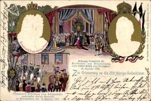 Präge Litho Krönung Friedrichs III, Kaiser Wilhelm II., Preußens Erhebung zum Königreich