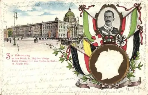 Präge Litho Ak Berlin Mitte, Erinnerung Besuch Victor Emanuel III von Italien 1902, Schloss