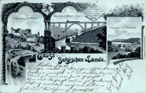 Litho Burg an der Wupper Solingen, Schloss, Kaiser Wilhelm Brücke Müngsten, Talsperre bei Remscheid